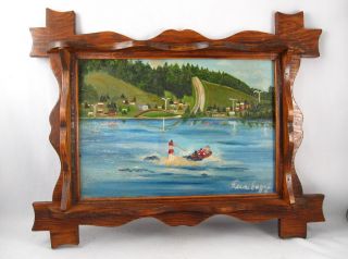 Vintage Quebec Naive Primitve Folk Art Oil Painting On Board Framed Lake Scene