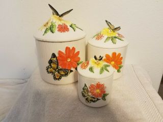 Vintage 3 Piece Butterfly Canister Set Orange Yellow Brown Green