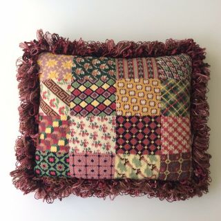 Needlepoint Pillow Petit Point Patchwork Rectangle Silk Fringe Burgundy Vintage