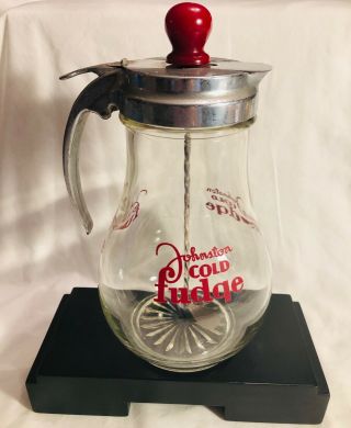 Vintage Johnston Cold Fudge Glass Pitcher Dispenser W/ Bladed Plunger Mixer