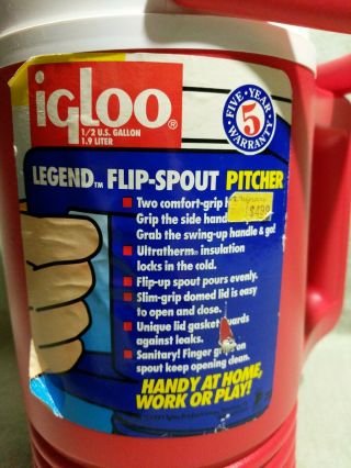 VTG 1991 IGLOO LEGEND Flip Spout Cold Pitcher Jug 2 Handles Red White 1/2 Gallon 2