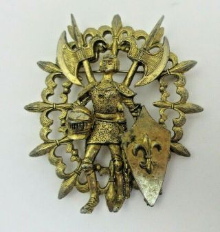 Hattie Carnegie Medieval Knight Gold Tone Brooch Pin Vintage Signed