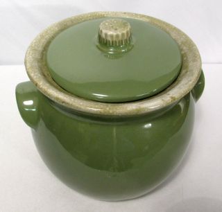 Vintage Hull Crockery Bean Pot Cookie Jar W/ Lid Moss Green Ovenproof