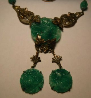 Vintage Old Art Nouveau Deco Jade Green Glass Brass Leaf Floral Fringe Necklace