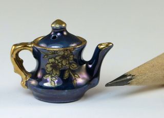 Miniature Dollhouse Blue & Gold China Teapot,  Vintage,  Artisan,  Luster,  Munday?
