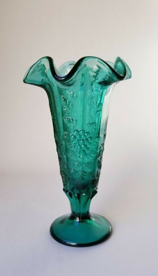 Vintage Fenton Teal Green Grape Panel Trumpet Vase