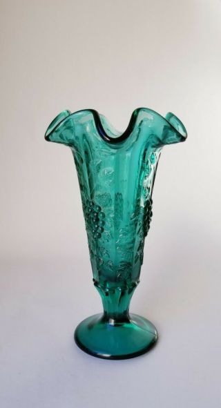 Vintage Fenton Teal Green Grape Panel Trumpet Vase 2