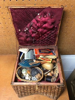 Vintage Wicker Sewing Box,  Tapestry Lid Filled W/ Buttons,  Snaps,  Hooks,  Spools