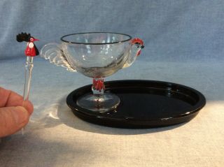 Vintage Westmoreland? Glass Rooster Egg Cup,  Black Plate And Cocktail Pick
