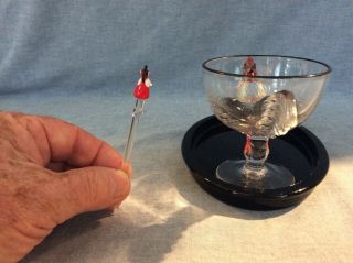 Vintage Westmoreland? glass rooster egg cup,  black plate and cocktail pick 2