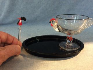 Vintage Westmoreland? glass rooster egg cup,  black plate and cocktail pick 3