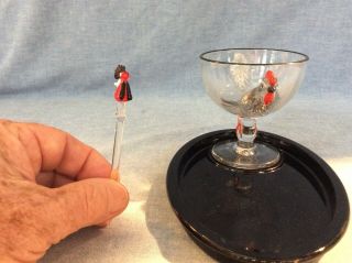 Vintage Westmoreland? glass rooster egg cup,  black plate and cocktail pick 4