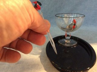 Vintage Westmoreland? glass rooster egg cup,  black plate and cocktail pick 5