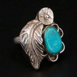 Vtg Sterling Silver - Navajo Turquoise Stone Feather Flower Ring Size 5.  75 - 6g