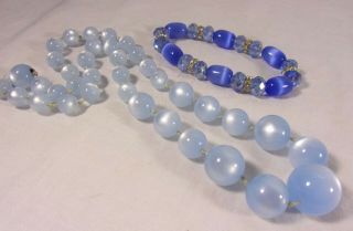 Vintage Baby Blue Lucite Moonstone Elongated Bead Necklace & Glass Bracelet Set