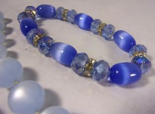 Vintage Baby Blue Lucite Moonstone Elongated Bead Necklace & Glass Bracelet set 2