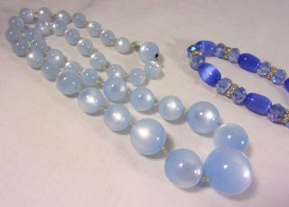 Vintage Baby Blue Lucite Moonstone Elongated Bead Necklace & Glass Bracelet set 3