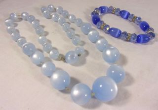 Vintage Baby Blue Lucite Moonstone Elongated Bead Necklace & Glass Bracelet set 4