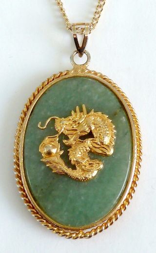 A Vintage 1980s Gold Tone Dragon & Pearl Pendant Necklace With Pale Green Jade