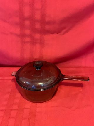 Vintage Corning,  Pyrex Vision Amber Glass 2.  5 L Glass Pot Sauce Pan With LID AI 2