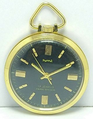 India Made Vintage Hmt Pocket Watch Black Dial Hand Winding 17j Men 