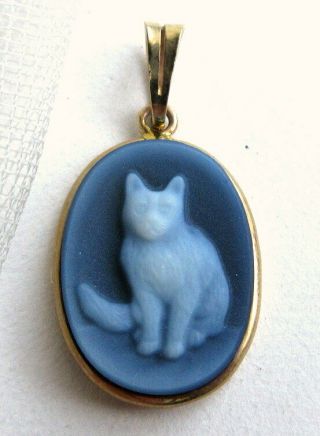 Vintage 14k Gold Blue Glass Cat Cameo Pendant Italy