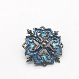 Vintage Solid Silver Danish Norweigen Blue Enamel Celtic Pin Brooch
