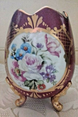 Vintage Egg Shaped Limoges Porcelain Vase In Red.  Bouquet And Gilded Decoration