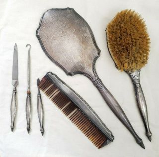 Vintage Sterling Silver Hand Mirror & Vanity Set Brush,  Comb Ect
