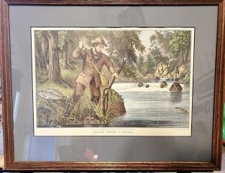 Vintage Currier And Ives Print Brook Trout Fishing