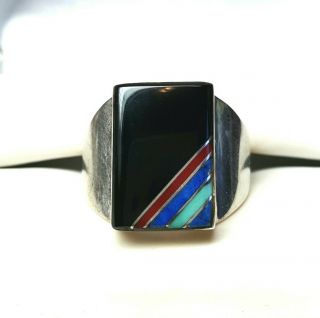 Vintage Navajo Sterling Silver Turquoise Coral Lapis Onyx Ring Sz 9