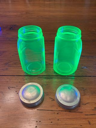 (2) VTG Uranium Green Depression Glass Shaker Jar Spice Hoosier w Orig Lids VGC 3