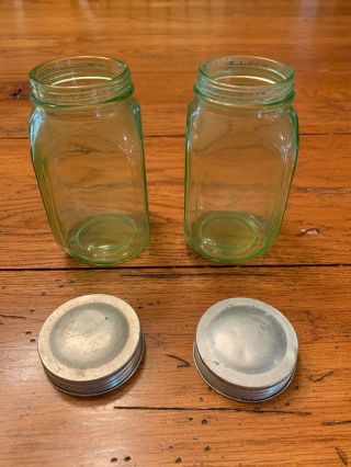 (2) VTG Uranium Green Depression Glass Shaker Jar Spice Hoosier w Orig Lids VGC 4
