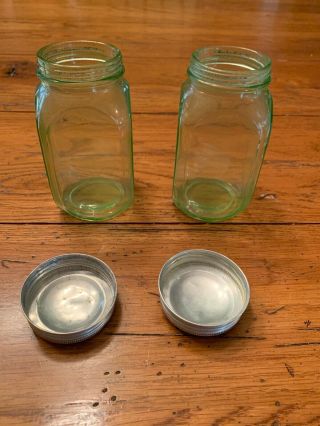 (2) VTG Uranium Green Depression Glass Shaker Jar Spice Hoosier w Orig Lids VGC 5