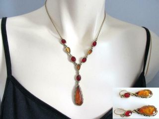 Vintage Edwardian / Deco Style Reverse Carved Amber Pendant Necklace & Earrings
