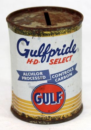 Vintage Miniature Gulf Gulfpride Hd Select Motor Oil Can Coin Tin Metal Bank 15