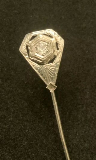 Antique Art Deco 18k & 14k White Gold 10pt Mine Cut Diamond Stick Pin Estate