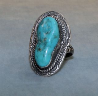 Huge Vintage Southwest Sterling Silver Turquoise Fancy Bezel Handmade Ring 10.  25