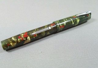Vintage Waterman Ideal 3v Fountain Pen,  Marbled Green Jade & Red Specks.  Lever