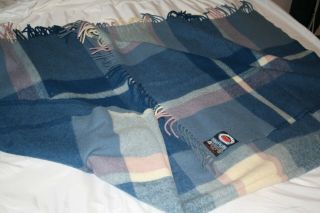 Vtg Berger Pledd Tartan Plaid Blue 52 X 70 Fringe Wool Lap Blanket Throw Norway