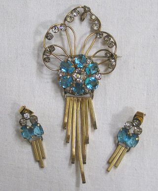 Vintage Jewelry Gold Filled Demi Parure Brooch Pendant Earrings Blue Rhinestones