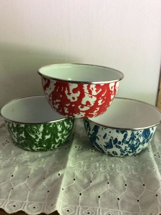 3 Vintage Enamelware Swirl Bowls - Red Green Blue