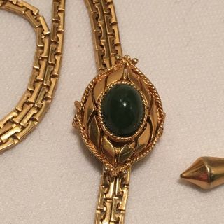 Vintage Sarah Coventry Goldtone Chain Lariat Necklace W/green Cabochon Slide