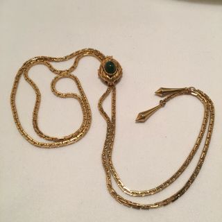 VINTAGE SARAH COVENTRY GOLDTONE CHAIN LARIAT NECKLACE W/GREEN CABOCHON SLIDE 2