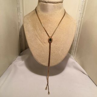 VINTAGE SARAH COVENTRY GOLDTONE CHAIN LARIAT NECKLACE W/GREEN CABOCHON SLIDE 3