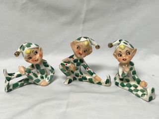 Rare Set Of 3 Vintage Hand Painted Christmas Retro Pixie Elves Made In Japan F