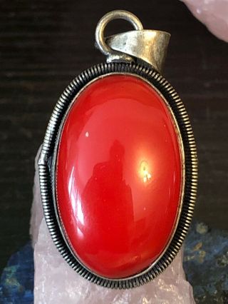 Vintage Native American Red Coral Sterling Silver Oval Pendant 7 G