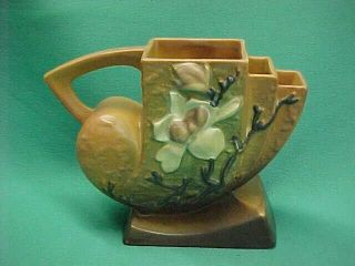 Vintage Roseville U.  S.  A.  Pottery Brown Magnolia Pitcher Vase Flower Arranger 3