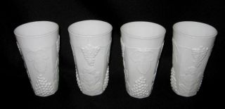 Set Of 4 Vintage White Milk Glass Panel Grapes Drinking Glasses 12 Oz Tumbler 6 "