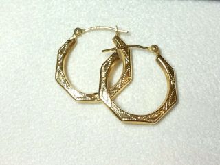 Vintage Signed 10k Gold Art Deco Style Textured Hoop Earrings